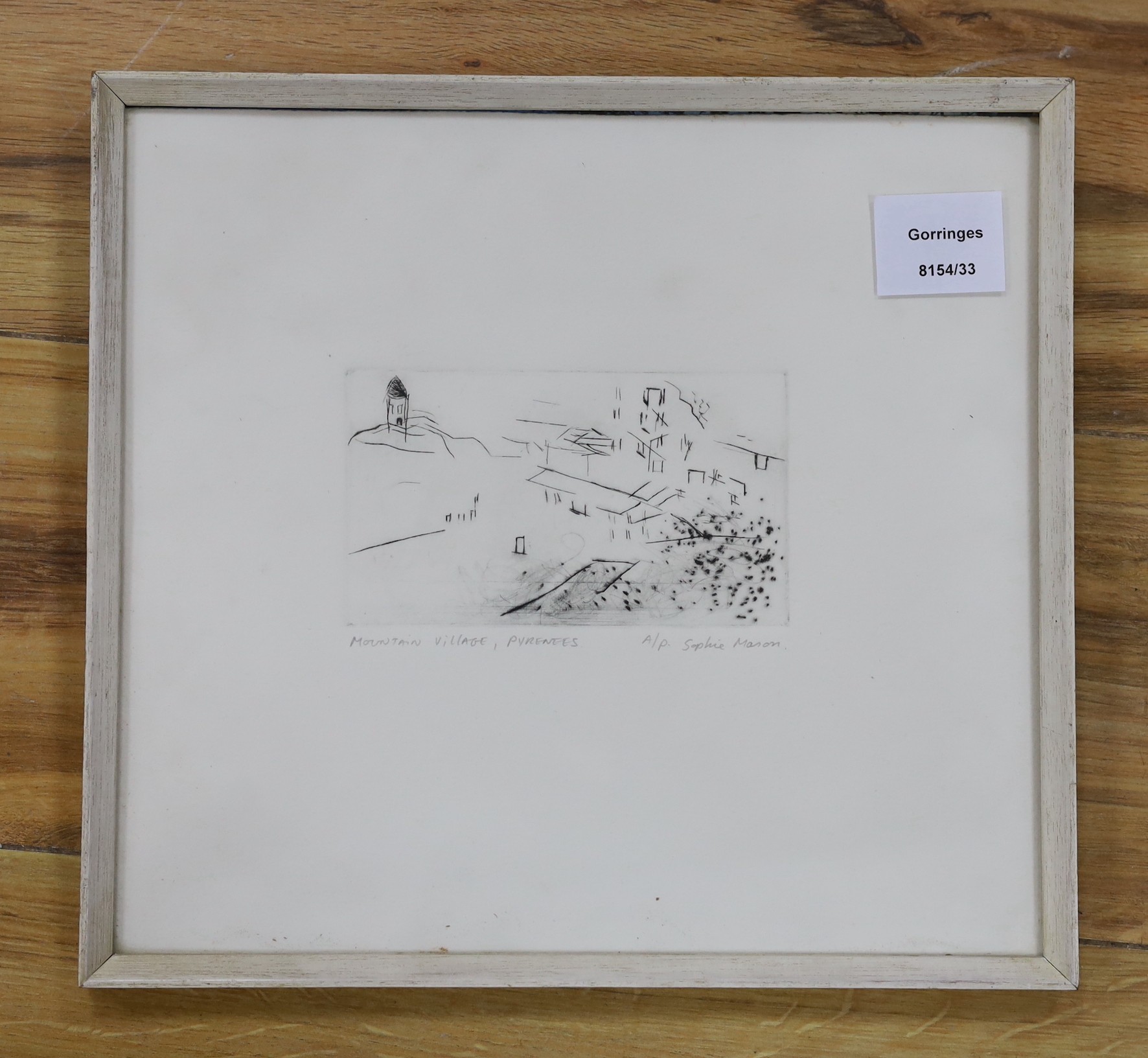 Sophie Mason, contemporary, artist proof etching, Mountain village, Pyrenees, signed and titled in pencil, 8 x 14cm